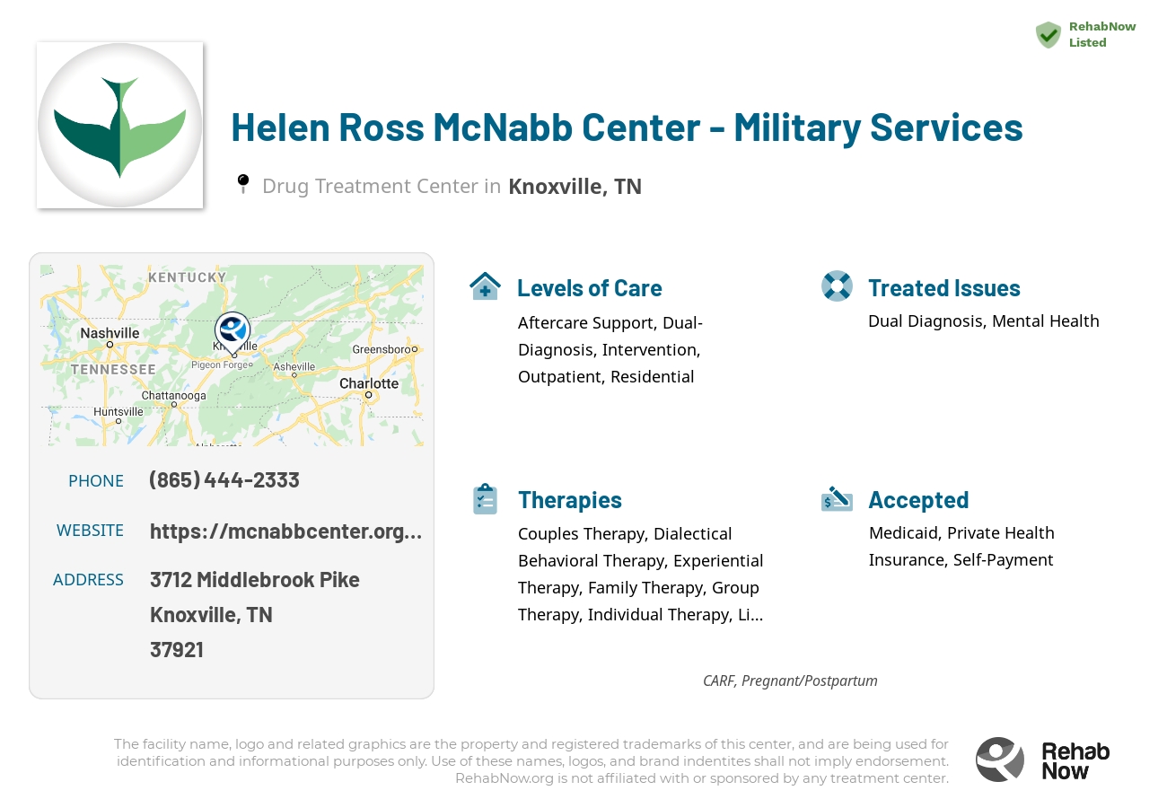 Helpful reference information for Helen Ross McNabb Center - Military Services, a drug treatment center in Tennessee located at: 3712 Middlebrook Pike, Knoxville, TN 37921, including phone numbers, official website, and more. Listed briefly is an overview of Levels of Care, Therapies Offered, Issues Treated, and accepted forms of Payment Methods.