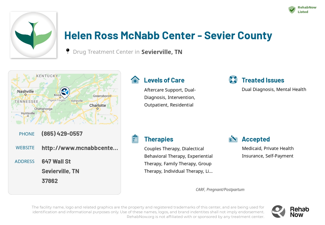 Helpful reference information for Helen Ross McNabb Center - Sevier County, a drug treatment center in Tennessee located at: 647 Wall St, Sevierville, TN 37862, including phone numbers, official website, and more. Listed briefly is an overview of Levels of Care, Therapies Offered, Issues Treated, and accepted forms of Payment Methods.