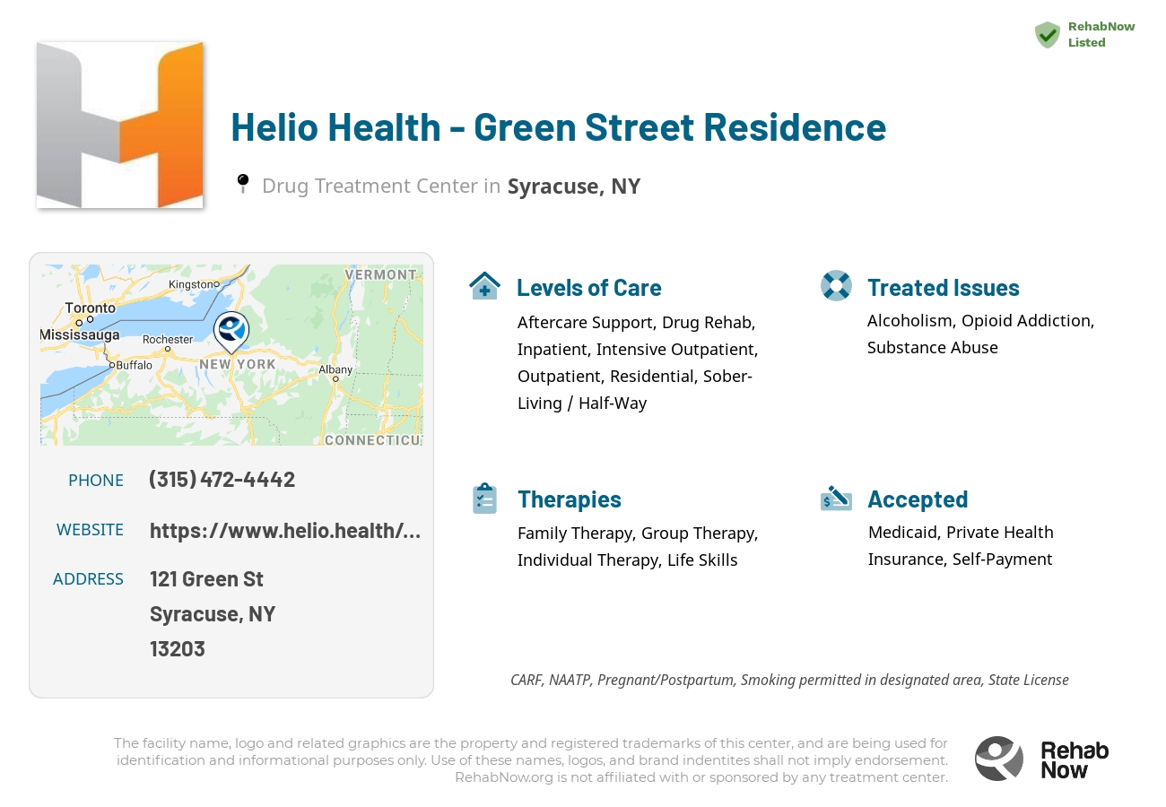 Helpful reference information for Helio Health - Green Street Residence, a drug treatment center in New York located at: 121 Green St, Syracuse, NY 13203, including phone numbers, official website, and more. Listed briefly is an overview of Levels of Care, Therapies Offered, Issues Treated, and accepted forms of Payment Methods.