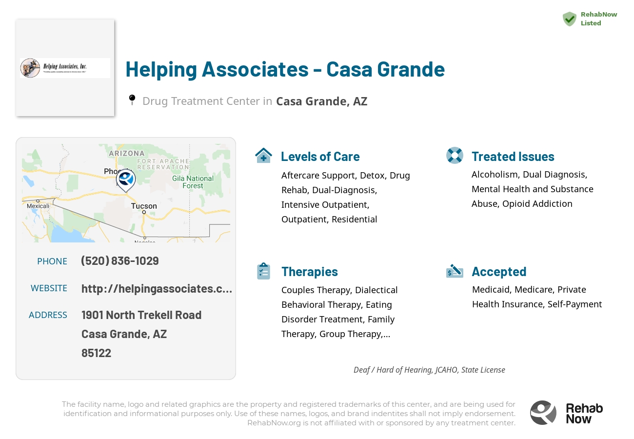 Helpful reference information for Helping Associates - Casa Grande, a drug treatment center in Arizona located at: 1901 North Trekell Road, Casa Grande, AZ, 85122, including phone numbers, official website, and more. Listed briefly is an overview of Levels of Care, Therapies Offered, Issues Treated, and accepted forms of Payment Methods.