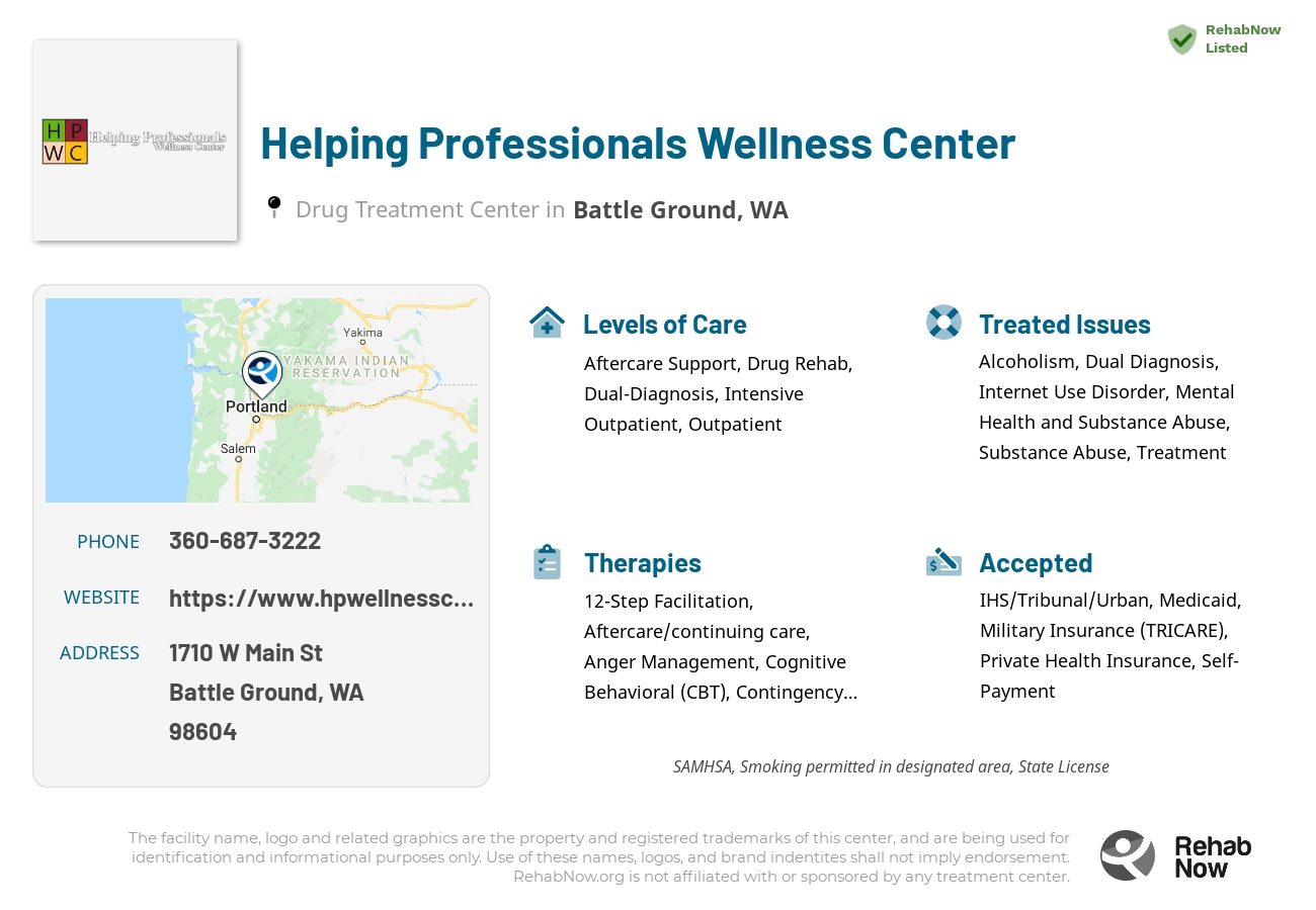 Helpful reference information for Helping Professionals Wellness Center, a drug treatment center in Washington located at: 1710 W Main St, Battle Ground, WA 98604, including phone numbers, official website, and more. Listed briefly is an overview of Levels of Care, Therapies Offered, Issues Treated, and accepted forms of Payment Methods.