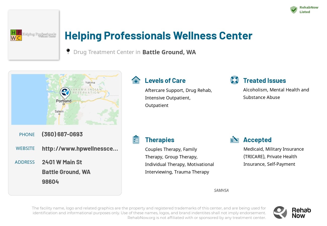 Helpful reference information for Helping Professionals Wellness Center, a drug treatment center in Washington located at: 2401 W Main St, Battle Ground, WA 98604, including phone numbers, official website, and more. Listed briefly is an overview of Levels of Care, Therapies Offered, Issues Treated, and accepted forms of Payment Methods.