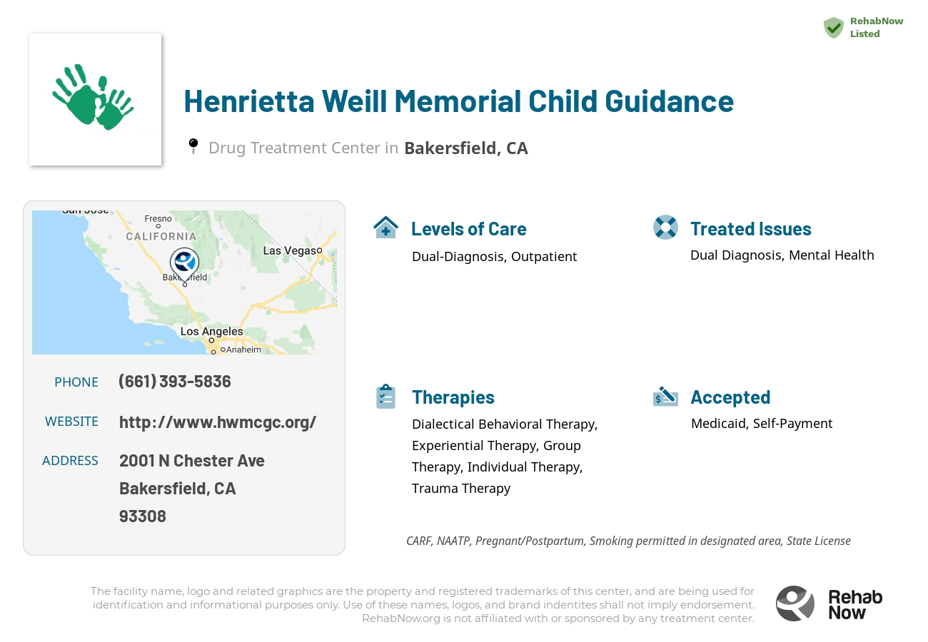 Helpful reference information for Henrietta Weill Memorial Child Guidance, a drug treatment center in California located at: 2001 N Chester Ave, Bakersfield, CA 93308, including phone numbers, official website, and more. Listed briefly is an overview of Levels of Care, Therapies Offered, Issues Treated, and accepted forms of Payment Methods.