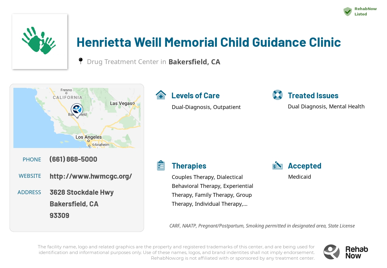 Helpful reference information for Henrietta Weill Memorial Child Guidance Clinic, a drug treatment center in California located at: 3628 Stockdale Hwy, Bakersfield, CA 93309, including phone numbers, official website, and more. Listed briefly is an overview of Levels of Care, Therapies Offered, Issues Treated, and accepted forms of Payment Methods.