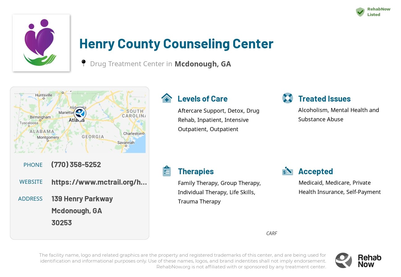 Helpful reference information for Henry County Counseling Center, a drug treatment center in Georgia located at: 139 139 Henry Parkway, Mcdonough, GA 30253, including phone numbers, official website, and more. Listed briefly is an overview of Levels of Care, Therapies Offered, Issues Treated, and accepted forms of Payment Methods.