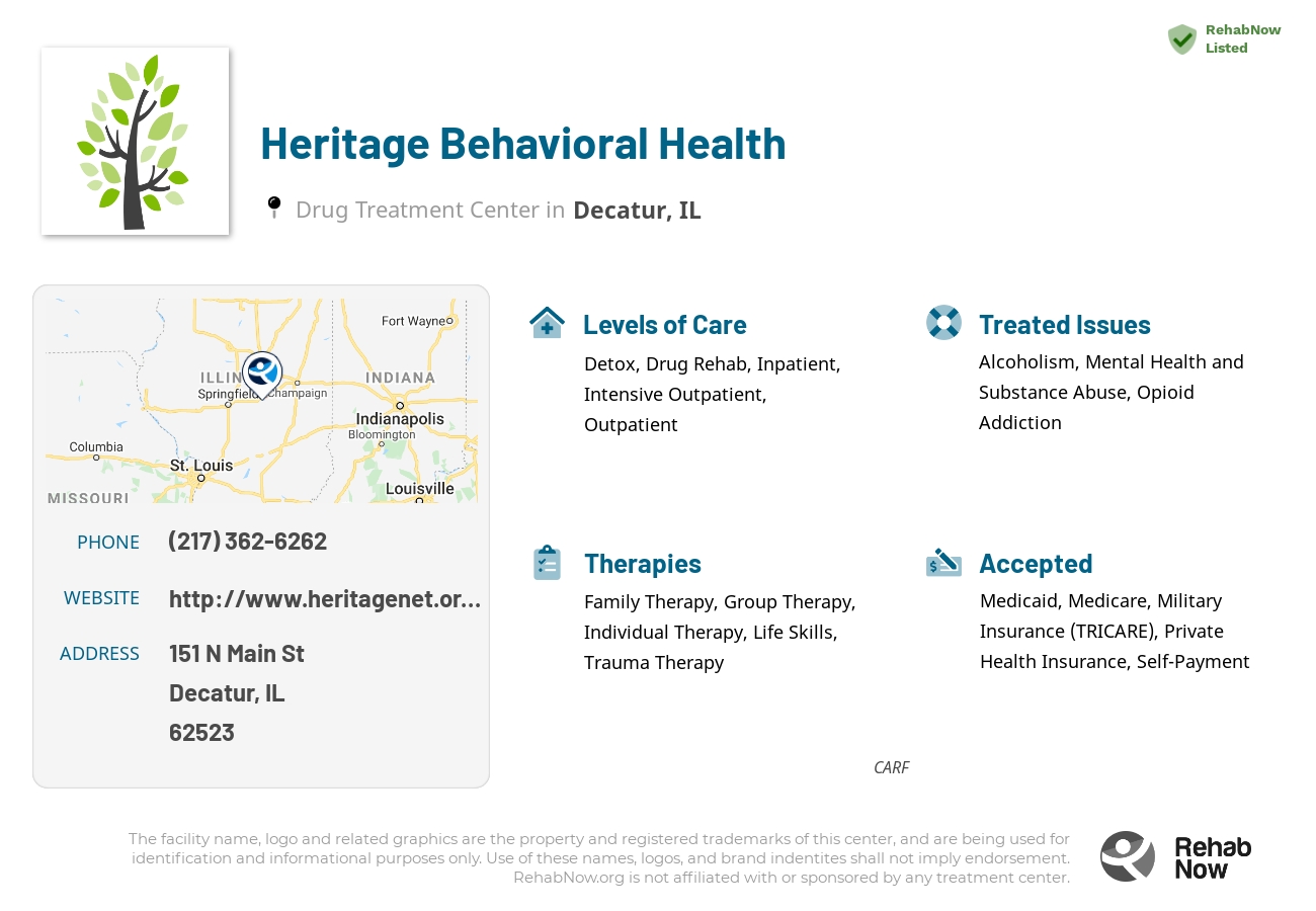 Helpful reference information for Heritage Behavioral Health, a drug treatment center in Illinois located at: 151 N Main St, Decatur, IL 62523, including phone numbers, official website, and more. Listed briefly is an overview of Levels of Care, Therapies Offered, Issues Treated, and accepted forms of Payment Methods.