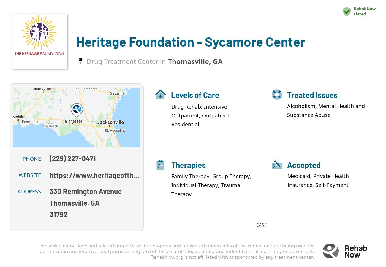 Helpful reference information for Heritage Foundation - Sycamore Center, a drug treatment center in Georgia located at: 330 330 Remington Avenue, Thomasville, GA 31792, including phone numbers, official website, and more. Listed briefly is an overview of Levels of Care, Therapies Offered, Issues Treated, and accepted forms of Payment Methods.