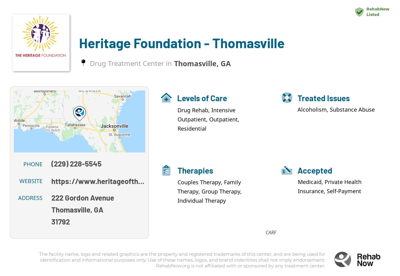 Helpful reference information for Heritage Foundation - Thomasville, a drug treatment center in Georgia located at: 222 222 Gordon Avenue, Thomasville, GA 31792, including phone numbers, official website, and more. Listed briefly is an overview of Levels of Care, Therapies Offered, Issues Treated, and accepted forms of Payment Methods.