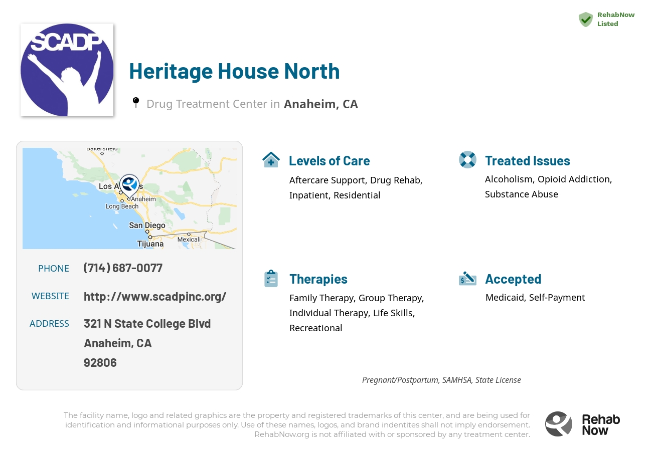 Helpful reference information for Heritage House North, a drug treatment center in California located at: 321 N State College Blvd, Anaheim, CA 92806, including phone numbers, official website, and more. Listed briefly is an overview of Levels of Care, Therapies Offered, Issues Treated, and accepted forms of Payment Methods.