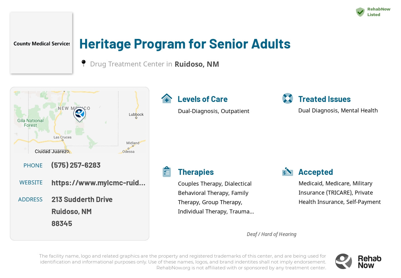 Helpful reference information for Heritage Program for Senior Adults, a drug treatment center in New Mexico located at: 213 213 Sudderth Drive, Ruidoso, NM 88345, including phone numbers, official website, and more. Listed briefly is an overview of Levels of Care, Therapies Offered, Issues Treated, and accepted forms of Payment Methods.
