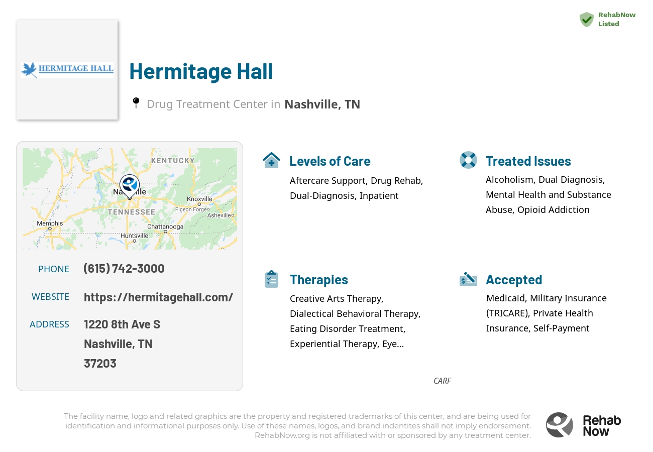 Helpful reference information for Hermitage Hall, a drug treatment center in Tennessee located at: 1220 8th Ave S, Nashville, TN 37203, including phone numbers, official website, and more. Listed briefly is an overview of Levels of Care, Therapies Offered, Issues Treated, and accepted forms of Payment Methods.