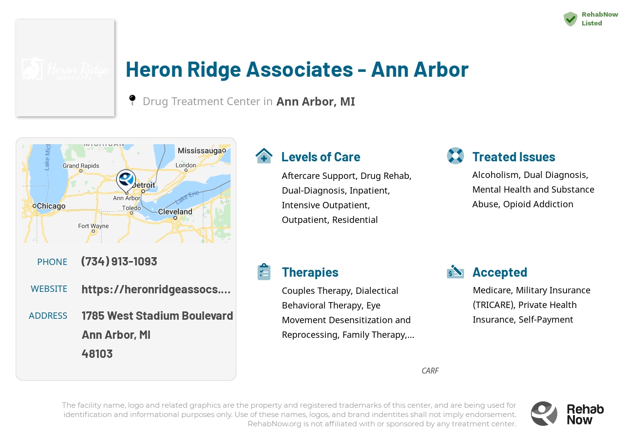 Helpful reference information for Heron Ridge Associates - Ann Arbor, a drug treatment center in Michigan located at: 1785 West Stadium Boulevard, Ann Arbor, MI, 48103, including phone numbers, official website, and more. Listed briefly is an overview of Levels of Care, Therapies Offered, Issues Treated, and accepted forms of Payment Methods.