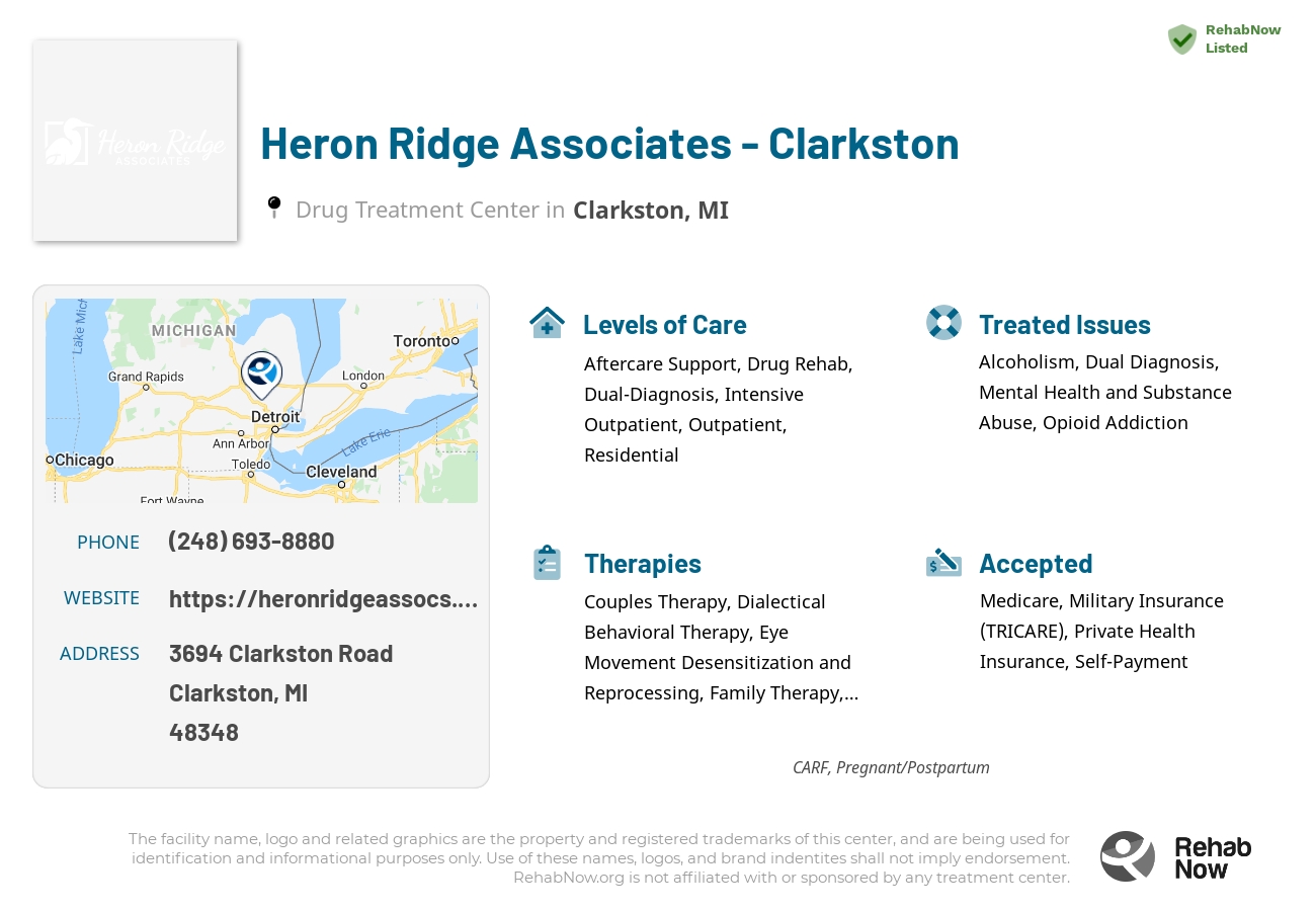 Helpful reference information for Heron Ridge Associates - Clarkston, a drug treatment center in Michigan located at: 3694 Clarkston Road, Clarkston, MI, 48348, including phone numbers, official website, and more. Listed briefly is an overview of Levels of Care, Therapies Offered, Issues Treated, and accepted forms of Payment Methods.