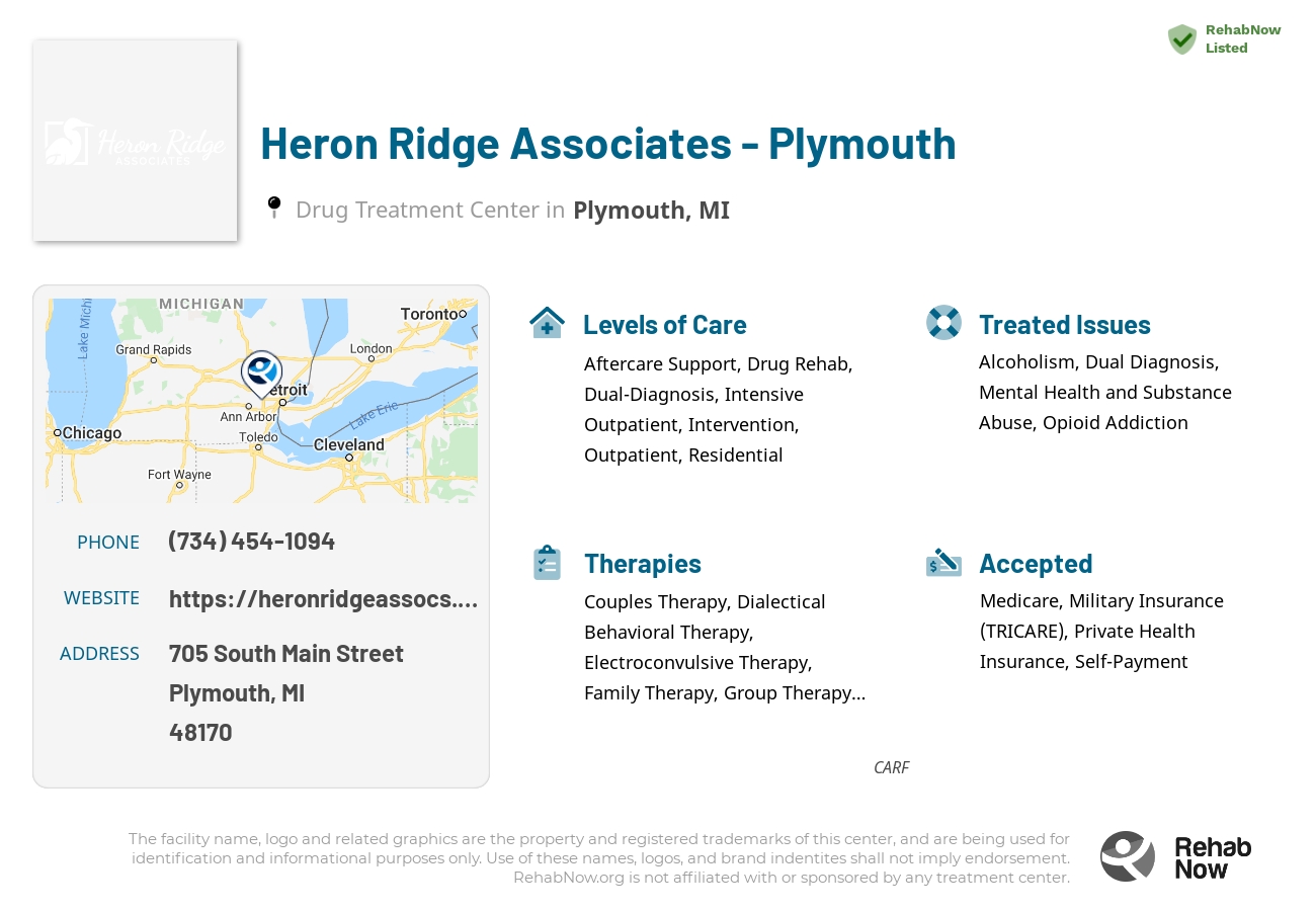 Helpful reference information for Heron Ridge Associates - Plymouth, a drug treatment center in Michigan located at: 705 South Main Street, Plymouth, MI, 48170, including phone numbers, official website, and more. Listed briefly is an overview of Levels of Care, Therapies Offered, Issues Treated, and accepted forms of Payment Methods.