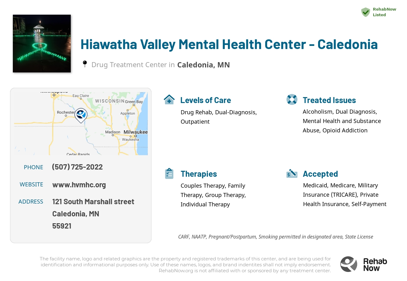 Helpful reference information for Hiawatha Valley Mental Health Center - Caledonia, a drug treatment center in Minnesota located at: 121 121 South Marshall street, Caledonia, MN 55921, including phone numbers, official website, and more. Listed briefly is an overview of Levels of Care, Therapies Offered, Issues Treated, and accepted forms of Payment Methods.