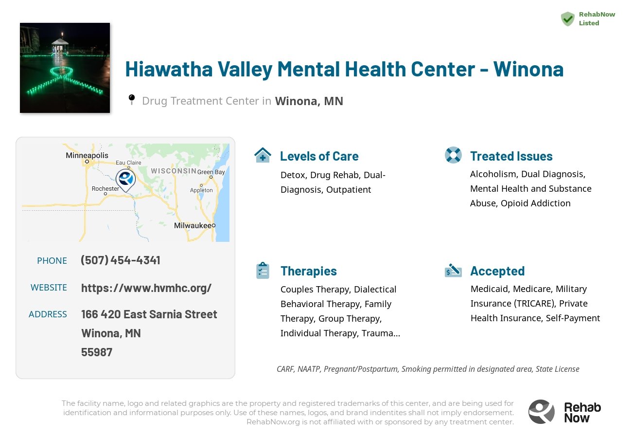 Helpful reference information for Hiawatha Valley Mental Health Center - Winona, a drug treatment center in Minnesota located at: 166 420 East Sarnia Street, Winona, MN 55987, including phone numbers, official website, and more. Listed briefly is an overview of Levels of Care, Therapies Offered, Issues Treated, and accepted forms of Payment Methods.