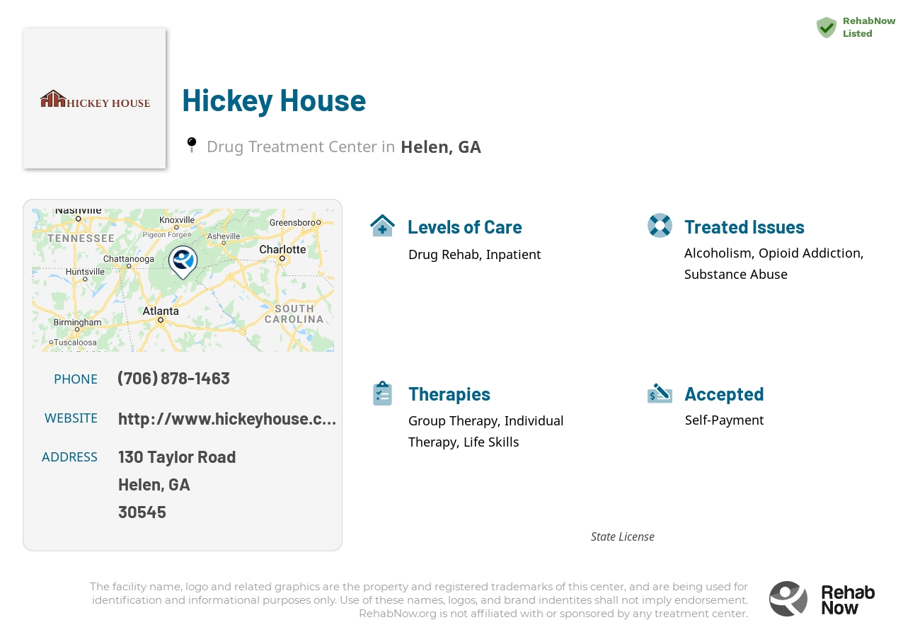 Helpful reference information for Hickey House, a drug treatment center in Georgia located at: 130 130 Taylor Road, Helen, GA 30545, including phone numbers, official website, and more. Listed briefly is an overview of Levels of Care, Therapies Offered, Issues Treated, and accepted forms of Payment Methods.