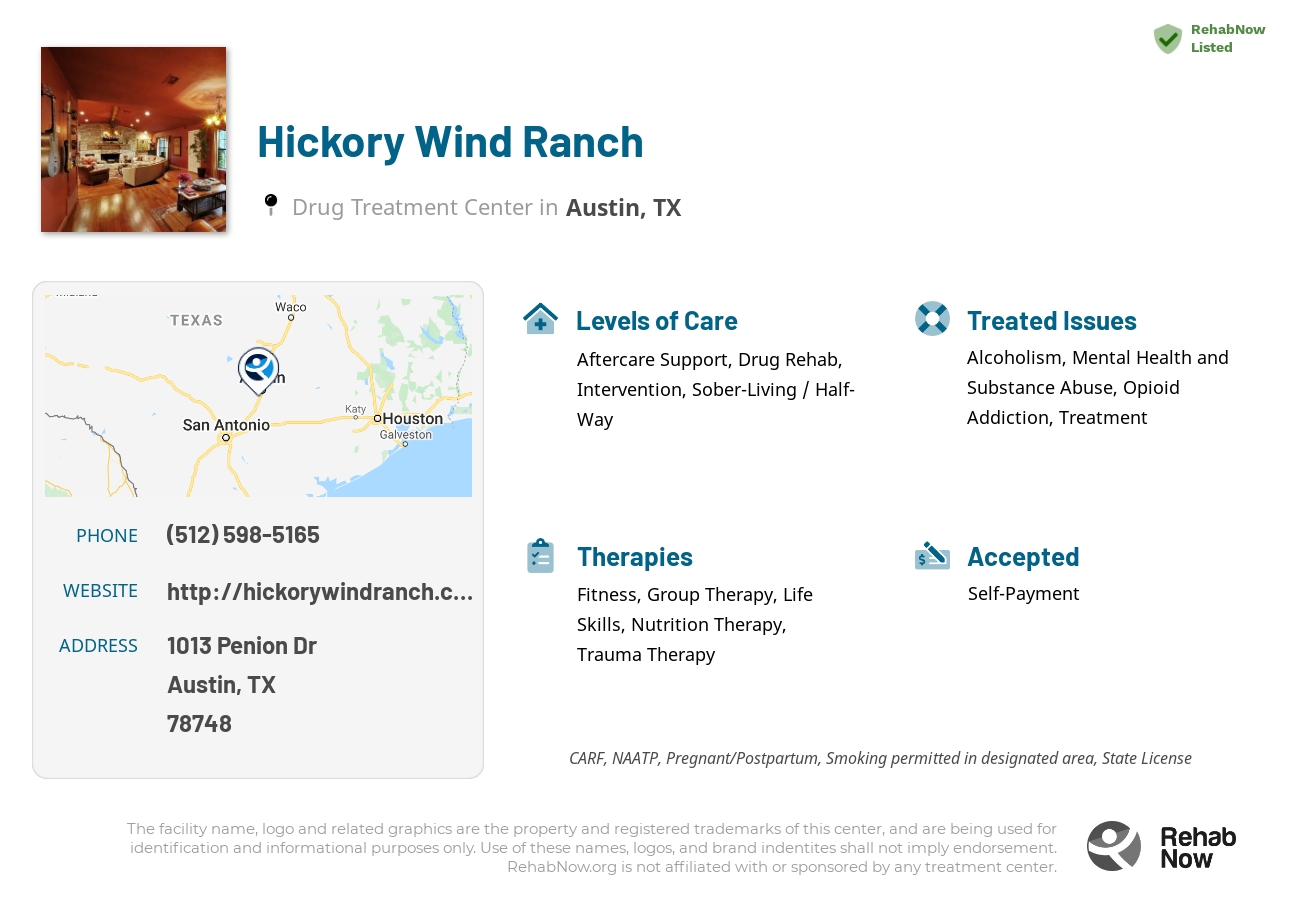 Helpful reference information for Hickory Wind Ranch, a drug treatment center in Texas located at: 1013 Penion Dr, Austin, TX 78748, including phone numbers, official website, and more. Listed briefly is an overview of Levels of Care, Therapies Offered, Issues Treated, and accepted forms of Payment Methods.