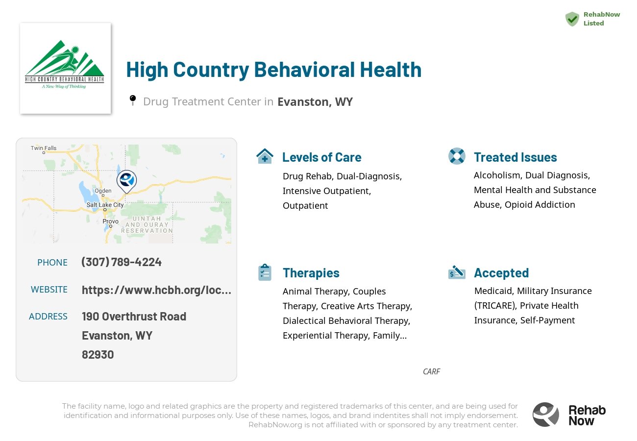 Helpful reference information for High Country Behavioral Health, a drug treatment center in Wyoming located at: 190 190 Overthrust Road, Evanston, WY 82930, including phone numbers, official website, and more. Listed briefly is an overview of Levels of Care, Therapies Offered, Issues Treated, and accepted forms of Payment Methods.