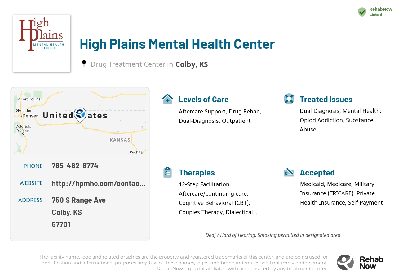 Helpful reference information for High Plains Mental Health Center, a drug treatment center in Kansas located at: 750 S Range Ave, Colby, KS 67701, including phone numbers, official website, and more. Listed briefly is an overview of Levels of Care, Therapies Offered, Issues Treated, and accepted forms of Payment Methods.