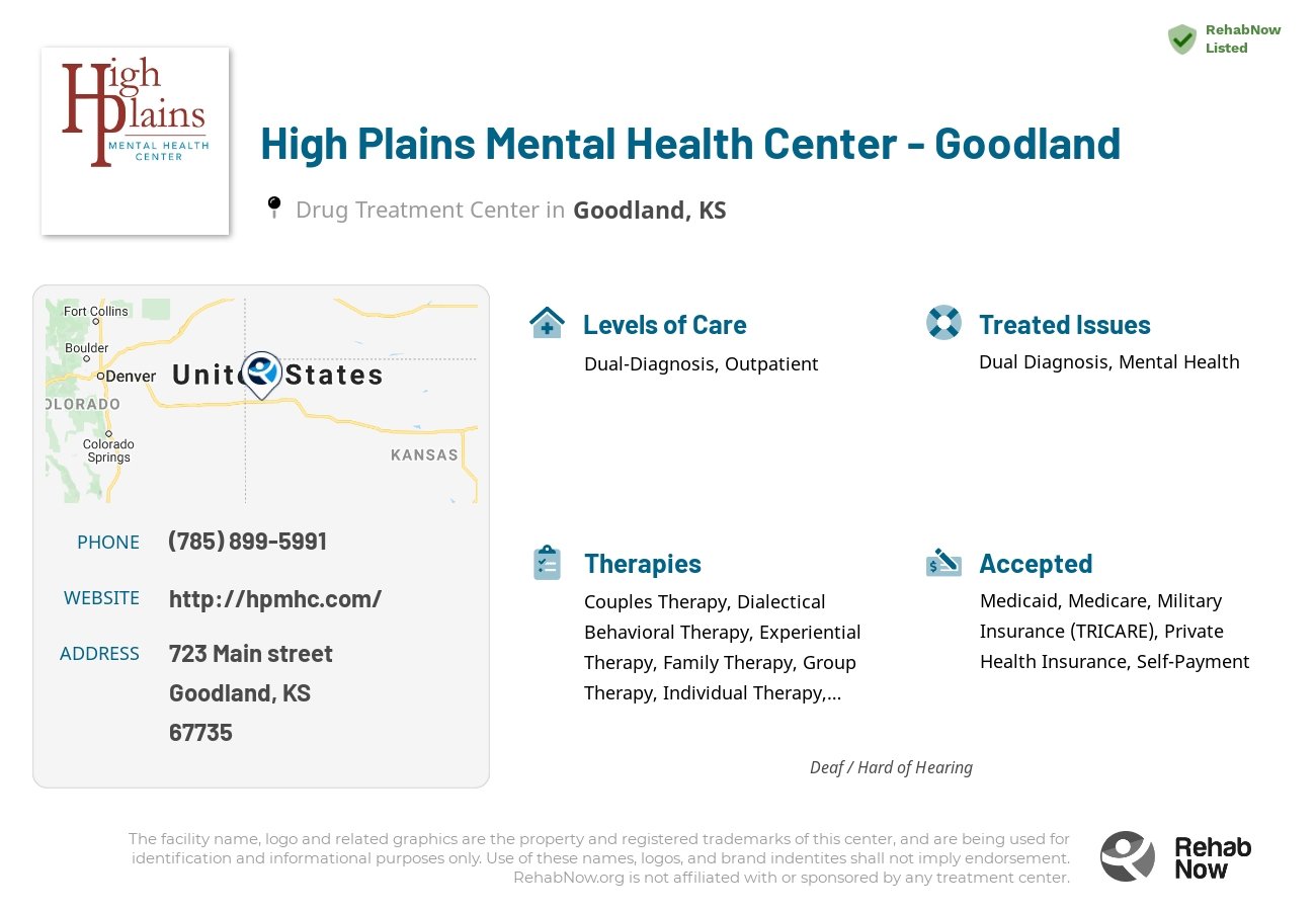 Helpful reference information for High Plains Mental Health Center - Goodland, a drug treatment center in Kansas located at: 723 723 Main street, Goodland, KS 67735, including phone numbers, official website, and more. Listed briefly is an overview of Levels of Care, Therapies Offered, Issues Treated, and accepted forms of Payment Methods.