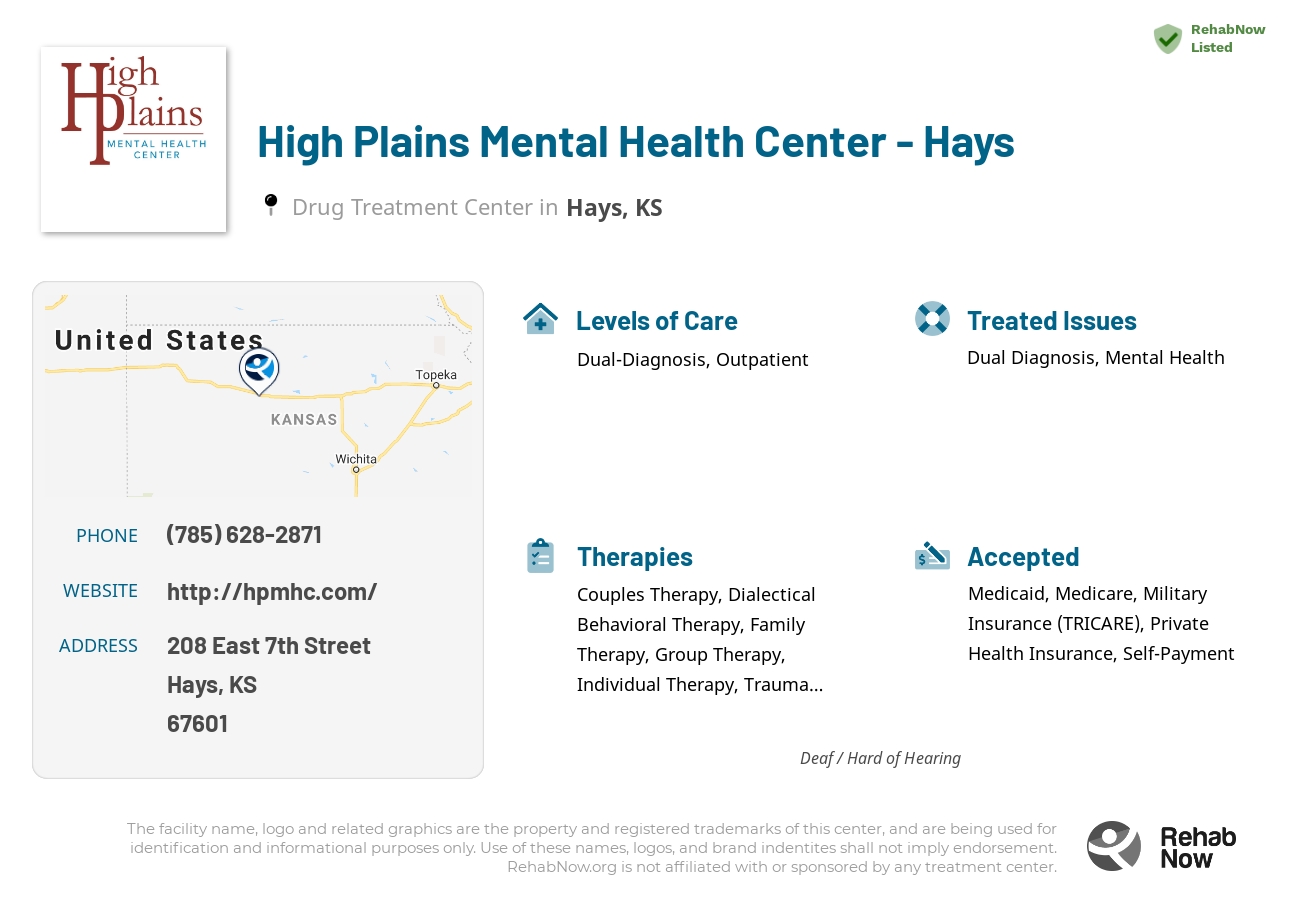 Helpful reference information for High Plains Mental Health Center - Hays, a drug treatment center in Kansas located at: 208 208 East 7th Street, Hays, KS 67601, including phone numbers, official website, and more. Listed briefly is an overview of Levels of Care, Therapies Offered, Issues Treated, and accepted forms of Payment Methods.