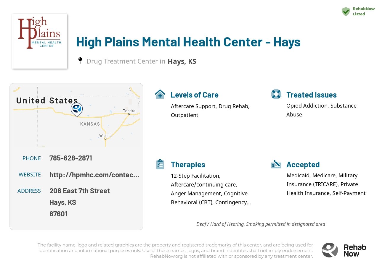 Helpful reference information for High Plains Mental Health Center - Hays, a drug treatment center in Kansas located at: 208 East 7th Street, Hays, KS 67601, including phone numbers, official website, and more. Listed briefly is an overview of Levels of Care, Therapies Offered, Issues Treated, and accepted forms of Payment Methods.