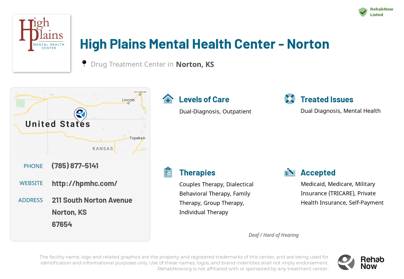 Helpful reference information for High Plains Mental Health Center - Norton, a drug treatment center in Kansas located at: 211 211 South Norton Avenue, Norton, KS 67654, including phone numbers, official website, and more. Listed briefly is an overview of Levels of Care, Therapies Offered, Issues Treated, and accepted forms of Payment Methods.