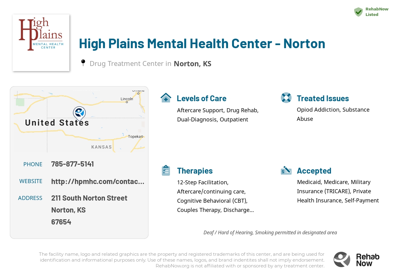Helpful reference information for High Plains Mental Health Center - Norton, a drug treatment center in Kansas located at: 211 South Norton Street, Norton, KS 67654, including phone numbers, official website, and more. Listed briefly is an overview of Levels of Care, Therapies Offered, Issues Treated, and accepted forms of Payment Methods.