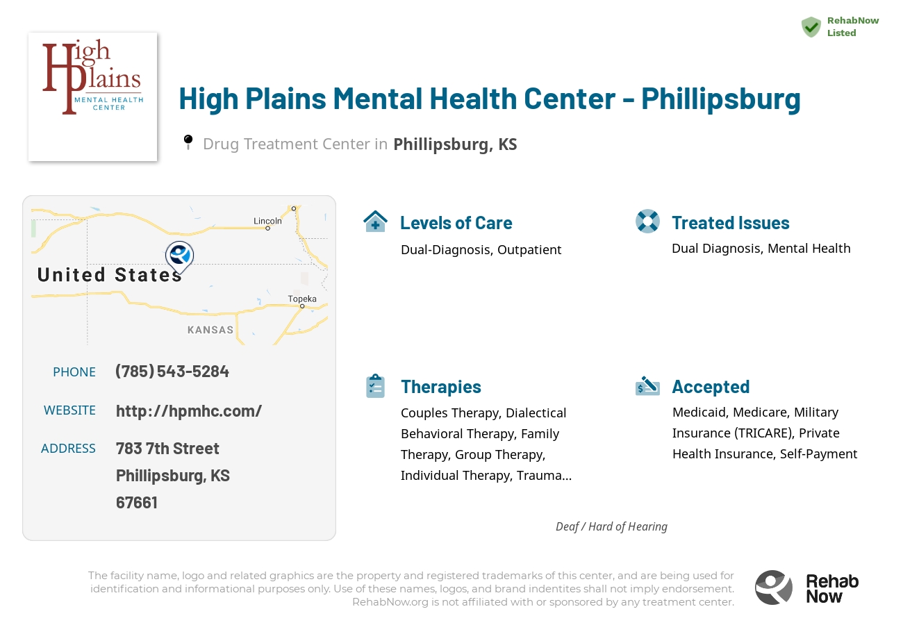 Helpful reference information for High Plains Mental Health Center - Phillipsburg, a drug treatment center in Kansas located at: 783 783 7th Street, Phillipsburg, KS 67661, including phone numbers, official website, and more. Listed briefly is an overview of Levels of Care, Therapies Offered, Issues Treated, and accepted forms of Payment Methods.