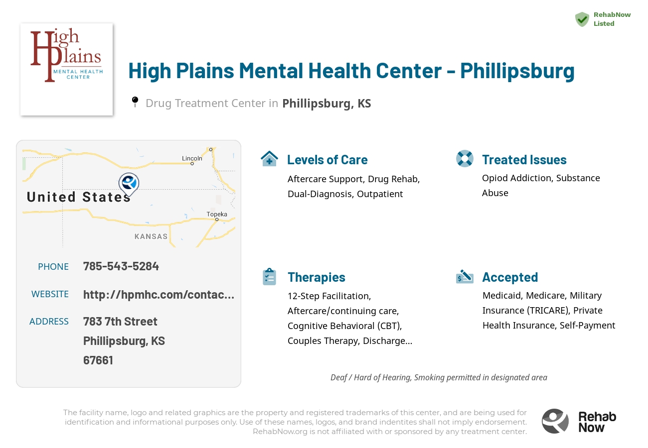 Helpful reference information for High Plains Mental Health Center - Phillipsburg, a drug treatment center in Kansas located at: 783 7th Street, Phillipsburg, KS 67661, including phone numbers, official website, and more. Listed briefly is an overview of Levels of Care, Therapies Offered, Issues Treated, and accepted forms of Payment Methods.