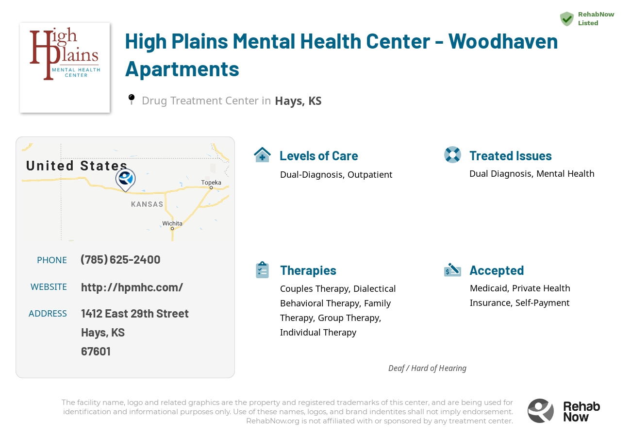Helpful reference information for High Plains Mental Health Center - Woodhaven Apartments, a drug treatment center in Kansas located at: 1412 1412 East 29th Street, Hays, KS 67601, including phone numbers, official website, and more. Listed briefly is an overview of Levels of Care, Therapies Offered, Issues Treated, and accepted forms of Payment Methods.