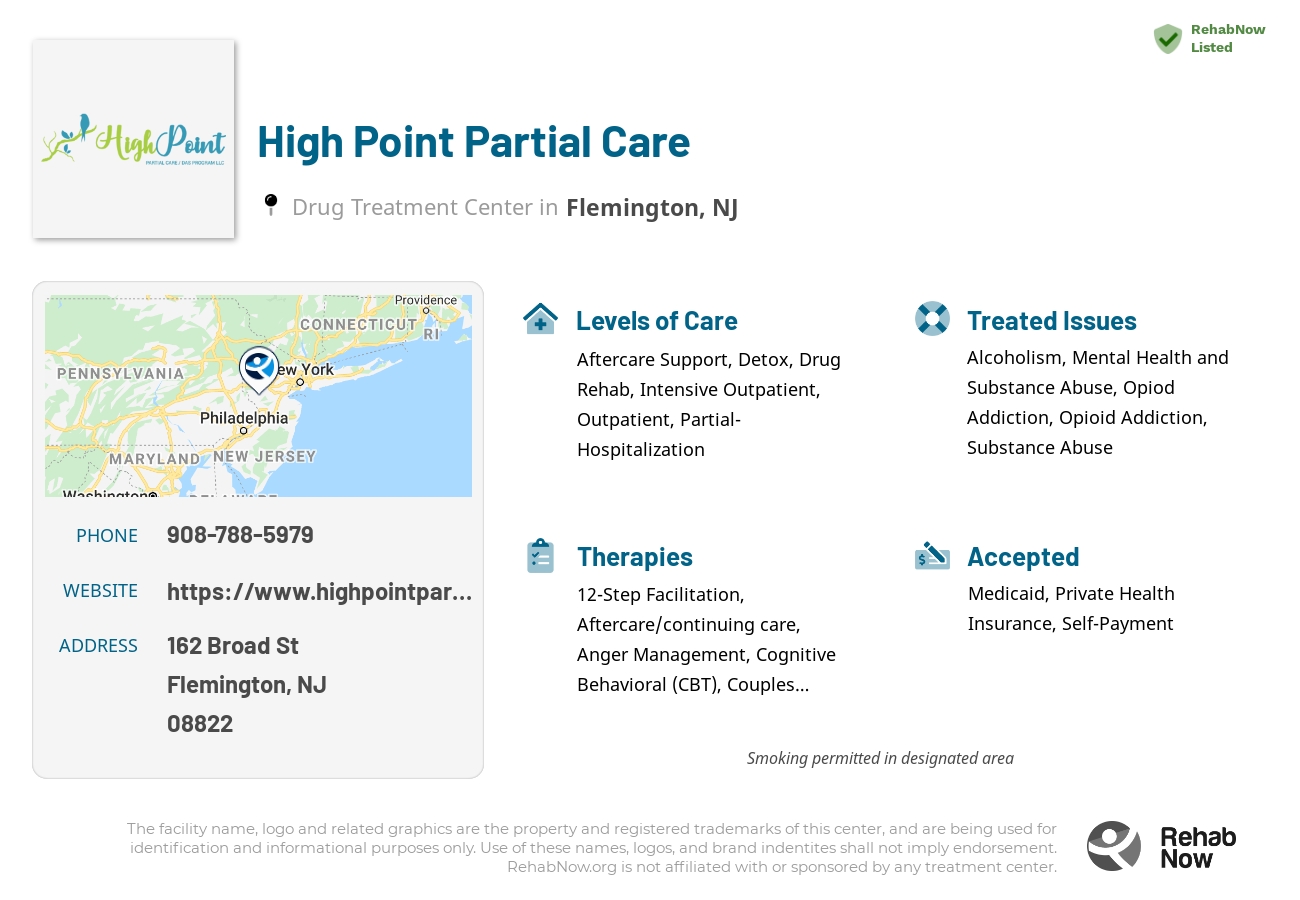 Helpful reference information for High Point Partial Care, a drug treatment center in New Jersey located at: 162 Broad St, Flemington, NJ 08822, including phone numbers, official website, and more. Listed briefly is an overview of Levels of Care, Therapies Offered, Issues Treated, and accepted forms of Payment Methods.