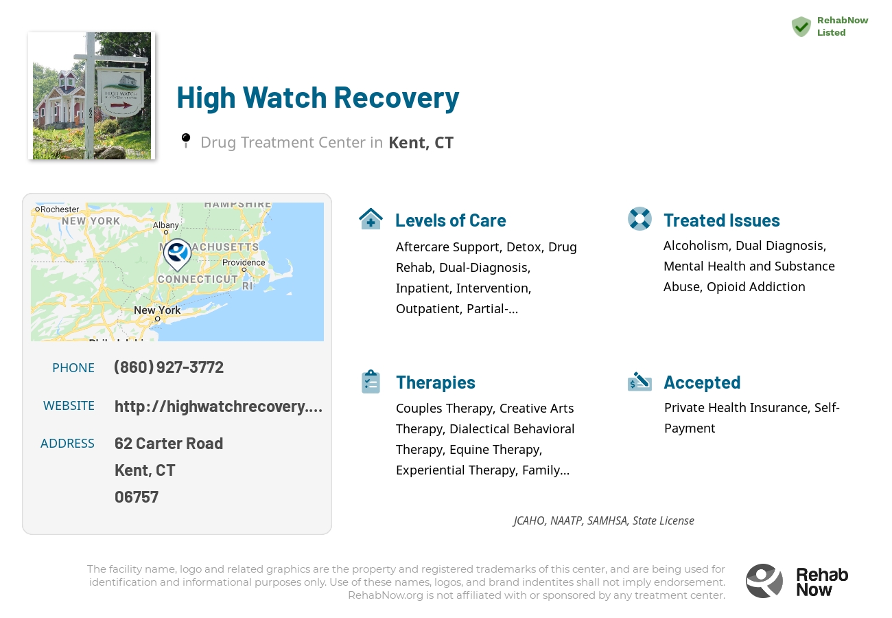 Helpful reference information for High Watch Recovery, a drug treatment center in Connecticut located at: 62 Carter Road, Kent, CT, 06757, including phone numbers, official website, and more. Listed briefly is an overview of Levels of Care, Therapies Offered, Issues Treated, and accepted forms of Payment Methods.