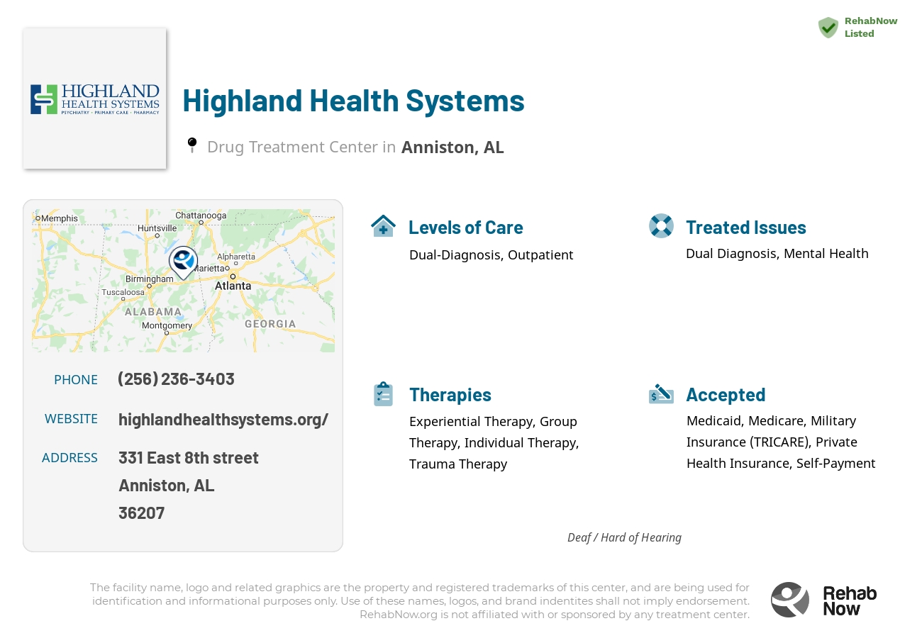 Helpful reference information for Highland Health Systems, a drug treatment center in Alabama located at: 331 East 8th street, Anniston, AL, 36207, including phone numbers, official website, and more. Listed briefly is an overview of Levels of Care, Therapies Offered, Issues Treated, and accepted forms of Payment Methods.