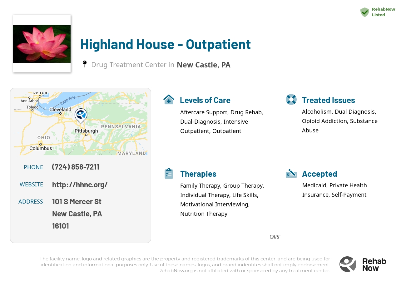 Helpful reference information for Highland House - Outpatient, a drug treatment center in Pennsylvania located at: 101 S Mercer St, New Castle, PA 16101, including phone numbers, official website, and more. Listed briefly is an overview of Levels of Care, Therapies Offered, Issues Treated, and accepted forms of Payment Methods.