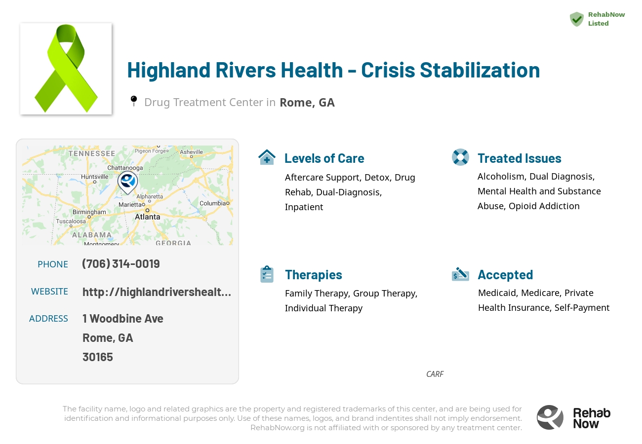 Helpful reference information for Highland Rivers Health - Crisis Stabilization, a drug treatment center in Georgia located at: 1 1 Woodbine Ave, Rome, GA 30165, including phone numbers, official website, and more. Listed briefly is an overview of Levels of Care, Therapies Offered, Issues Treated, and accepted forms of Payment Methods.