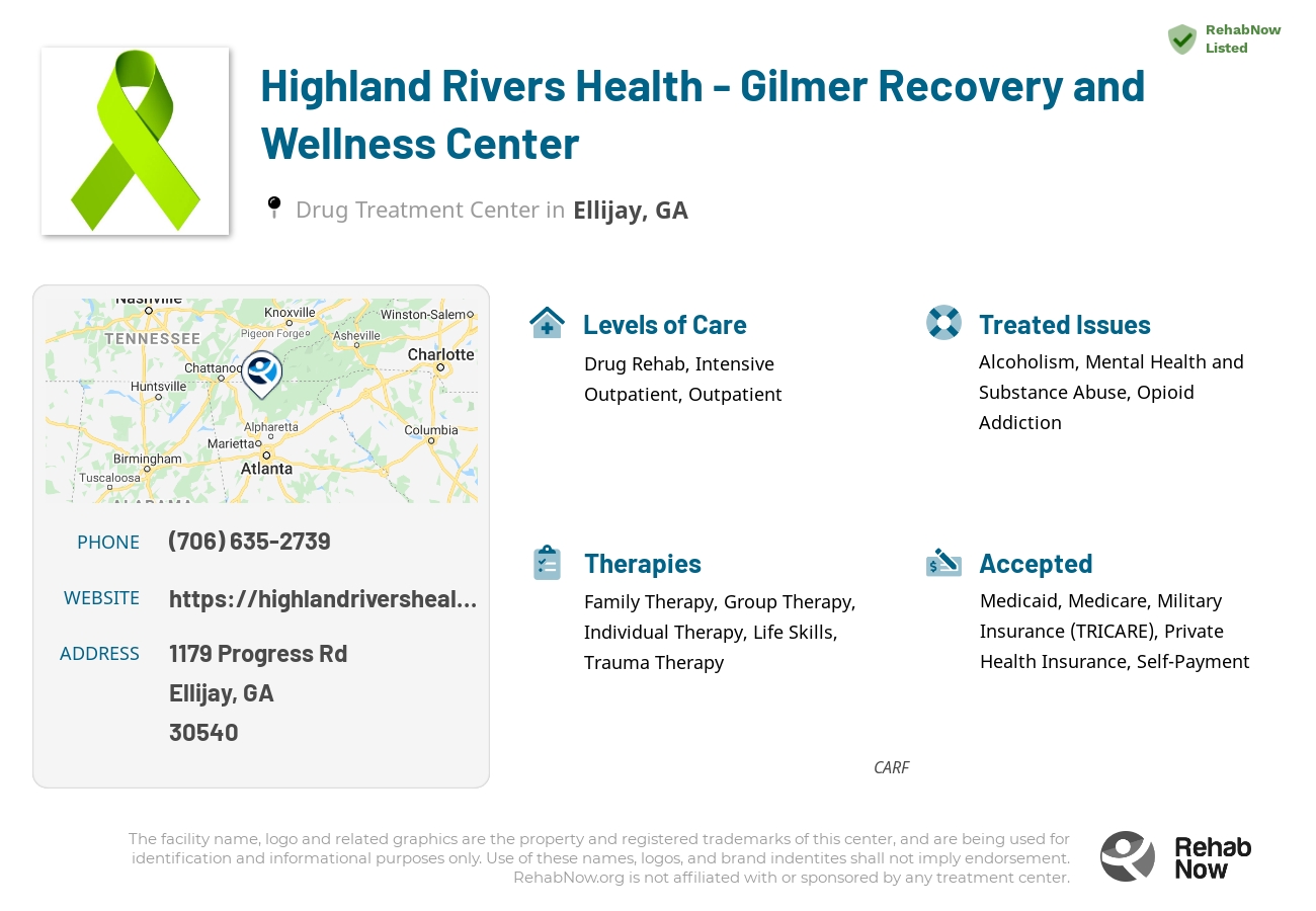 Helpful reference information for Highland Rivers Health - Gilmer Recovery and Wellness Center, a drug treatment center in Georgia located at: 1179 Progress Rd, Ellijay, GA 30540, including phone numbers, official website, and more. Listed briefly is an overview of Levels of Care, Therapies Offered, Issues Treated, and accepted forms of Payment Methods.