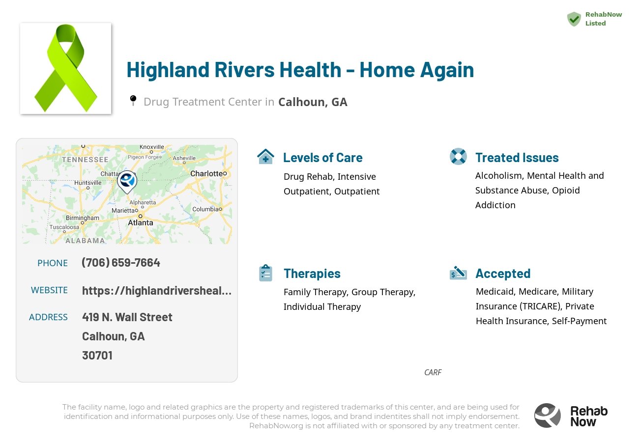 Helpful reference information for Highland Rivers Health - Home Again, a drug treatment center in Georgia located at: 419 419 N. Wall Street, Calhoun, GA 30701, including phone numbers, official website, and more. Listed briefly is an overview of Levels of Care, Therapies Offered, Issues Treated, and accepted forms of Payment Methods.