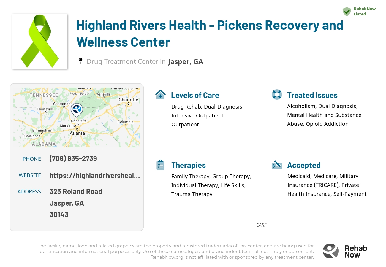 Helpful reference information for Highland Rivers Health - Pickens Recovery and Wellness Center, a drug treatment center in Georgia located at: 323 323 Roland Road, Jasper, GA 30143, including phone numbers, official website, and more. Listed briefly is an overview of Levels of Care, Therapies Offered, Issues Treated, and accepted forms of Payment Methods.