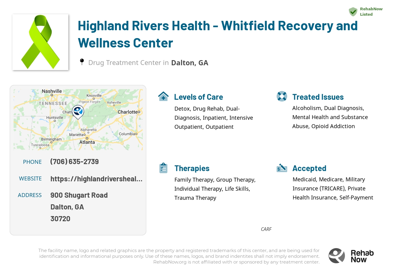 Helpful reference information for Highland Rivers Health - Whitfield Recovery and Wellness Center, a drug treatment center in Georgia located at: 900 900 Shugart Road, Dalton, GA 30720, including phone numbers, official website, and more. Listed briefly is an overview of Levels of Care, Therapies Offered, Issues Treated, and accepted forms of Payment Methods.