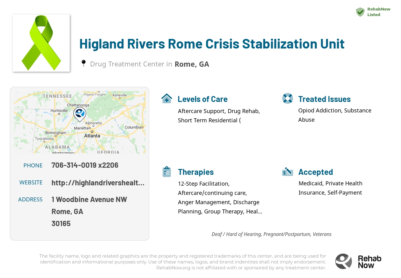 Helpful reference information for Higland Rivers Rome Crisis Stabilization Unit, a drug treatment center in Georgia located at: 1 Woodbine Avenue NW, Rome, GA 30165, including phone numbers, official website, and more. Listed briefly is an overview of Levels of Care, Therapies Offered, Issues Treated, and accepted forms of Payment Methods.
