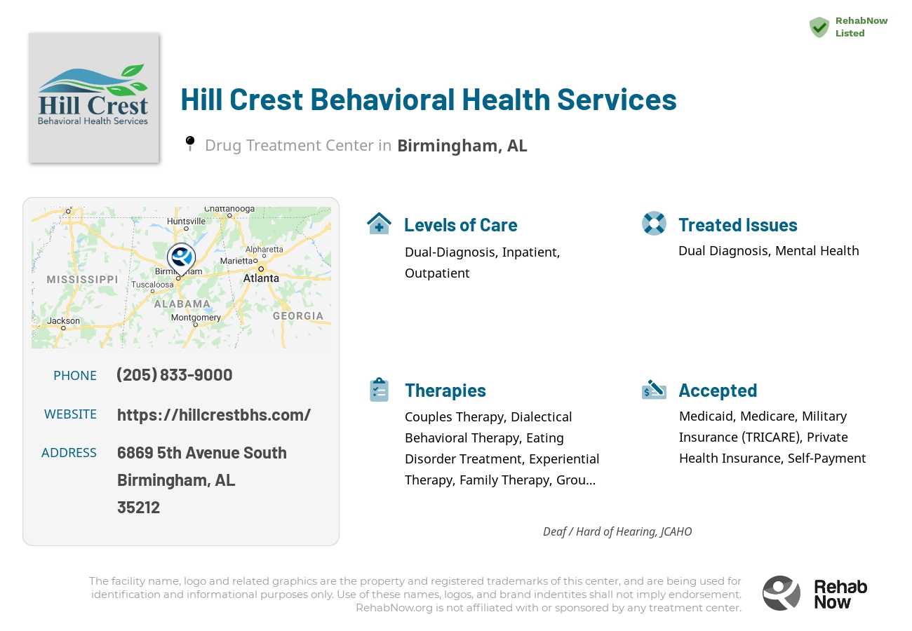 Helpful reference information for Hill Crest Behavioral Health Services, a drug treatment center in Alabama located at: 6869 5th Avenue South, Birmingham, AL, 35212, including phone numbers, official website, and more. Listed briefly is an overview of Levels of Care, Therapies Offered, Issues Treated, and accepted forms of Payment Methods.