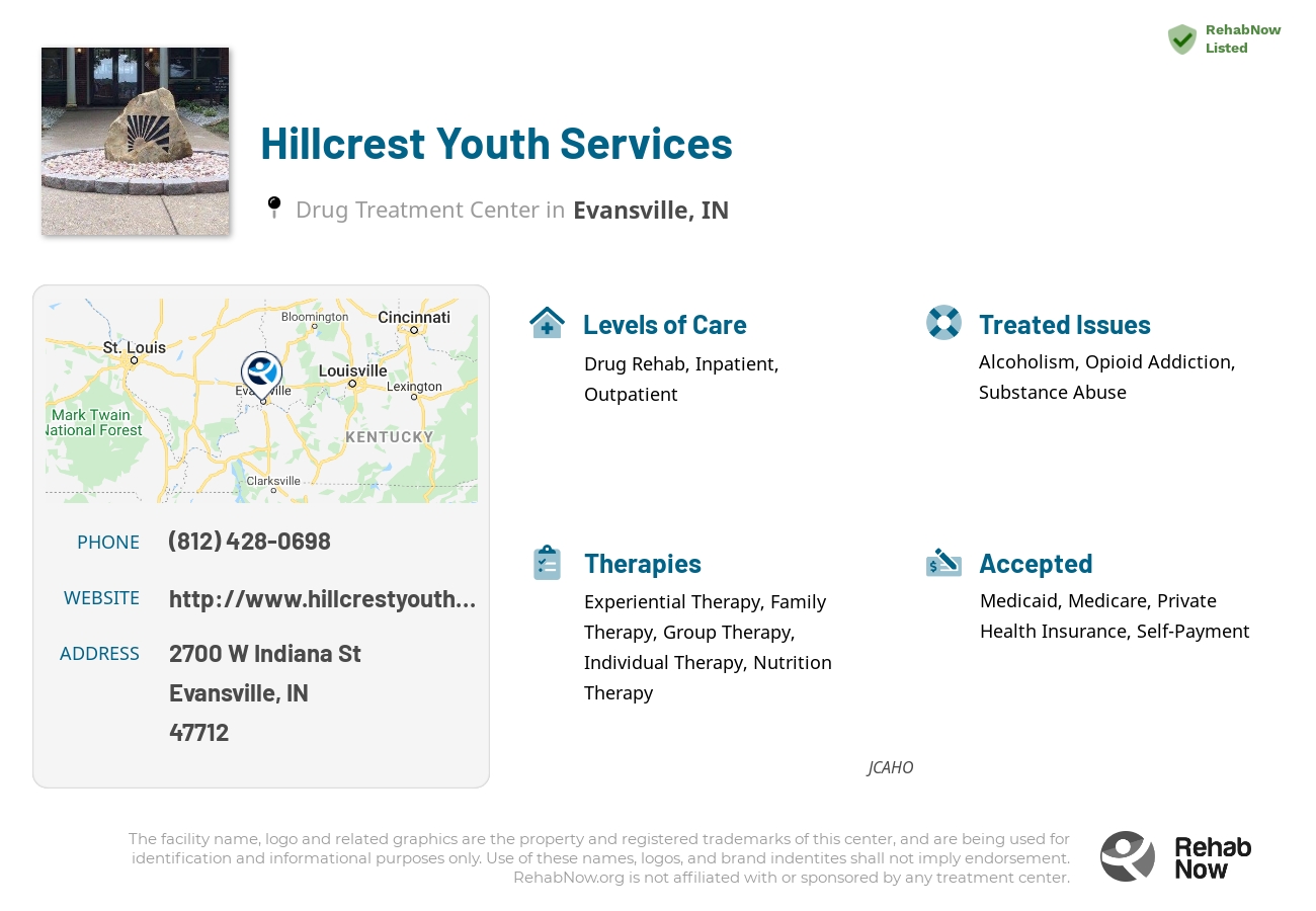 Helpful reference information for Hillcrest Youth Services, a drug treatment center in Indiana located at: 2700 W Indiana St, Evansville, IN, 47712, including phone numbers, official website, and more. Listed briefly is an overview of Levels of Care, Therapies Offered, Issues Treated, and accepted forms of Payment Methods.