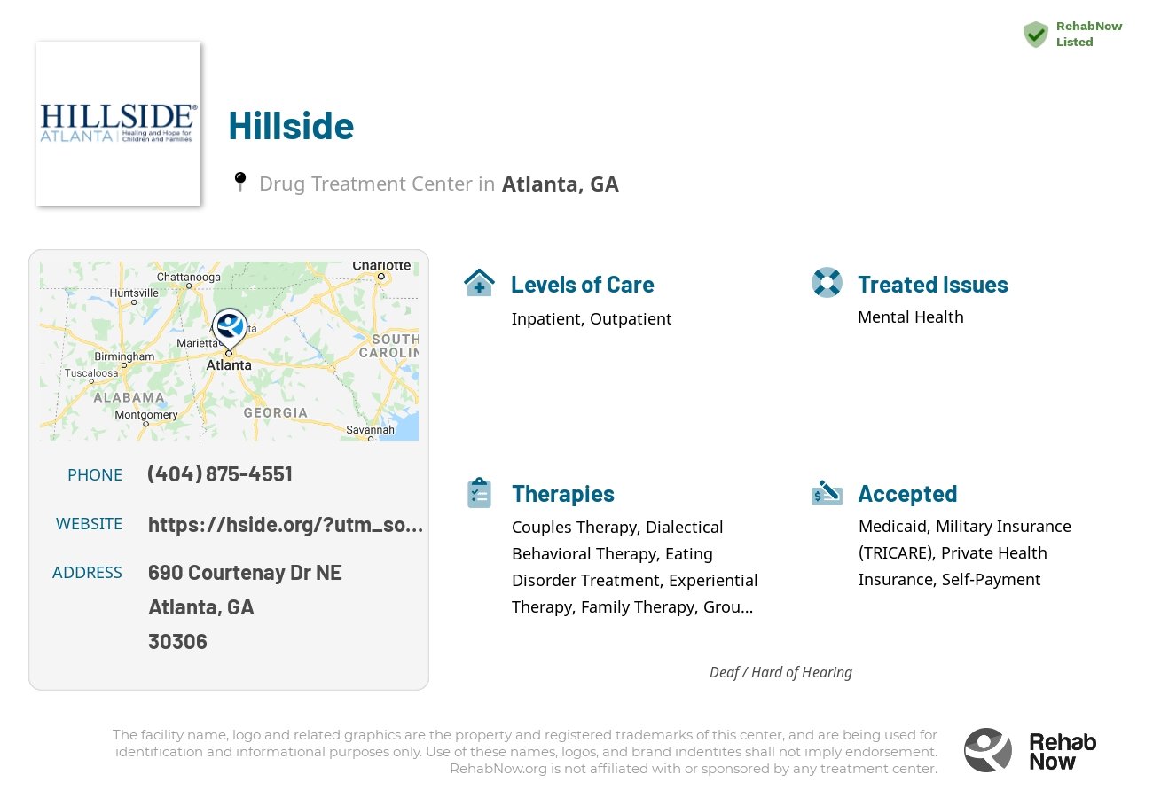 Helpful reference information for Hillside, a drug treatment center in Georgia located at: 690 Courtenay Dr NE, Atlanta, GA 30306, including phone numbers, official website, and more. Listed briefly is an overview of Levels of Care, Therapies Offered, Issues Treated, and accepted forms of Payment Methods.