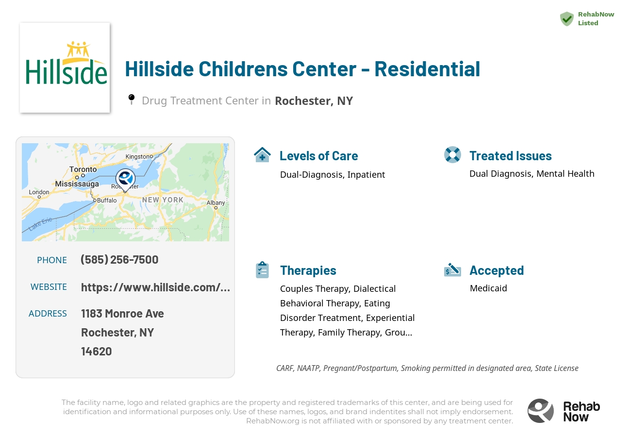 Helpful reference information for Hillside Childrens Center - Residential, a drug treatment center in New York located at: 1183 Monroe Ave, Rochester, NY 14620, including phone numbers, official website, and more. Listed briefly is an overview of Levels of Care, Therapies Offered, Issues Treated, and accepted forms of Payment Methods.