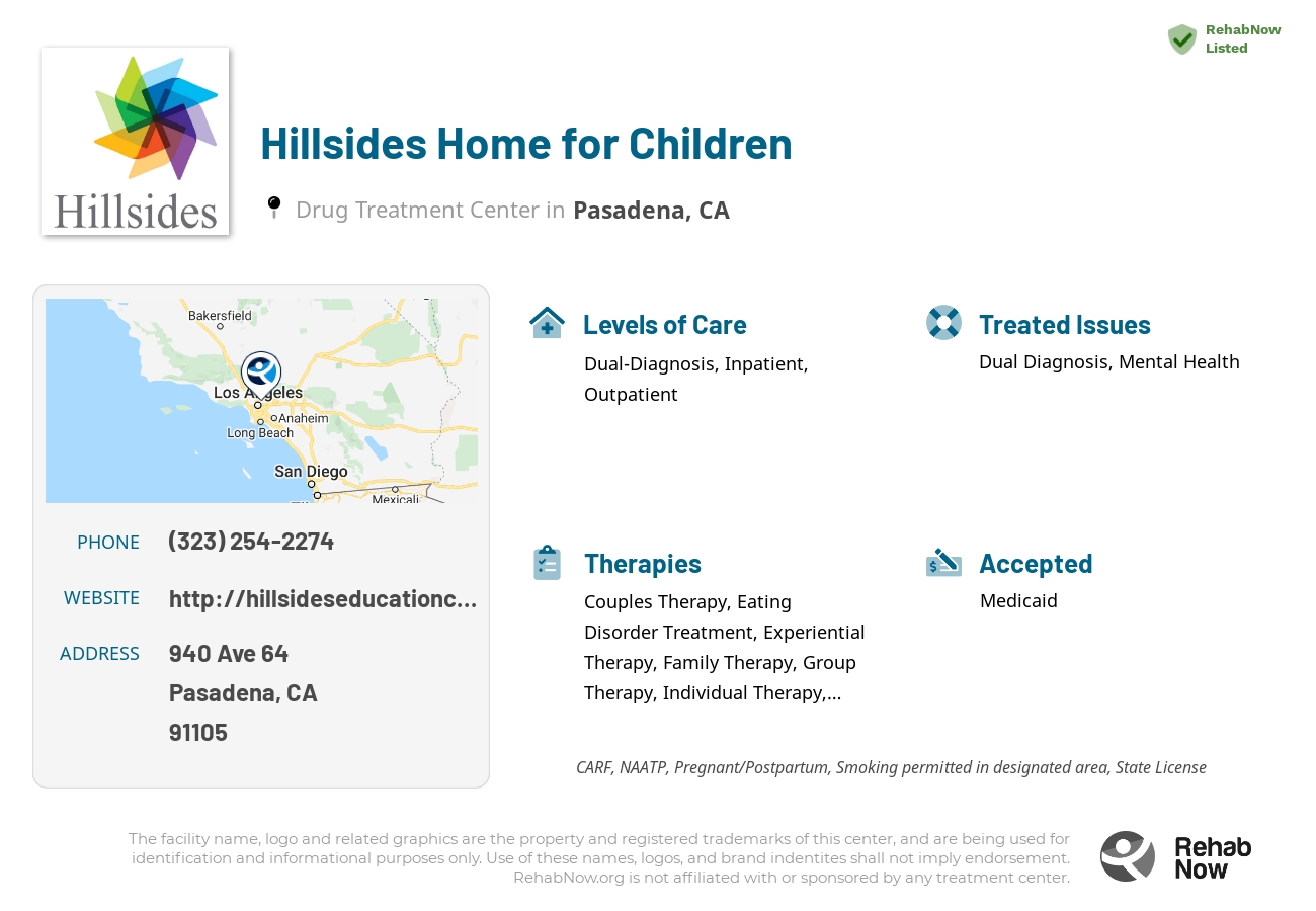 Helpful reference information for Hillsides Home for Children, a drug treatment center in California located at: 940 Ave 64, Pasadena, CA 91105, including phone numbers, official website, and more. Listed briefly is an overview of Levels of Care, Therapies Offered, Issues Treated, and accepted forms of Payment Methods.