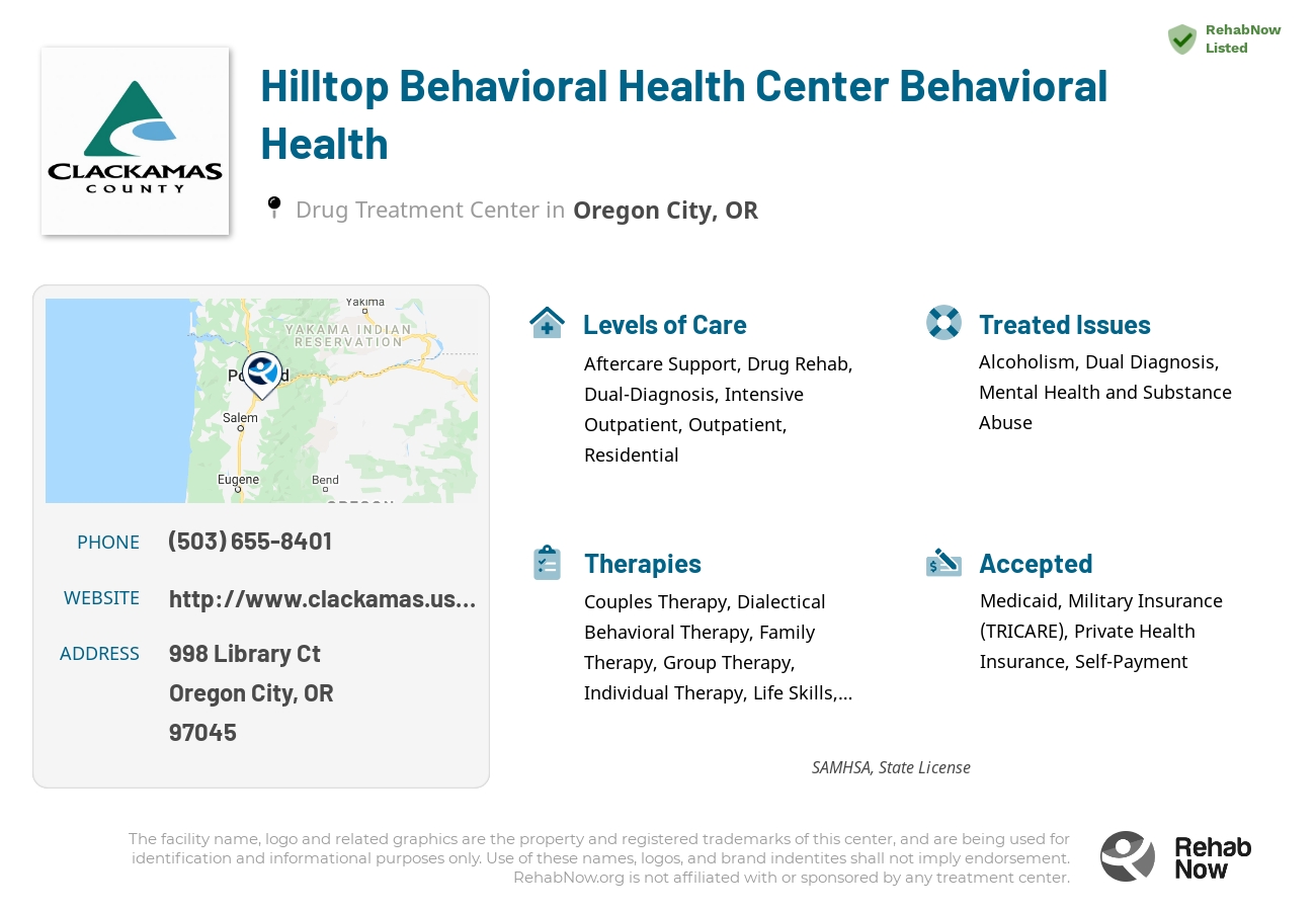 Helpful reference information for Hilltop Behavioral Health Center Behavioral Health, a drug treatment center in Oregon located at: 998 Library Ct, Oregon City, OR 97045, including phone numbers, official website, and more. Listed briefly is an overview of Levels of Care, Therapies Offered, Issues Treated, and accepted forms of Payment Methods.