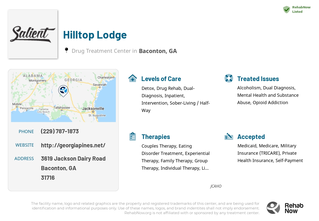 Helpful reference information for Hilltop Lodge, a drug treatment center in Georgia located at: 3619 3619 Jackson Dairy Road, Baconton, GA 31716, including phone numbers, official website, and more. Listed briefly is an overview of Levels of Care, Therapies Offered, Issues Treated, and accepted forms of Payment Methods.
