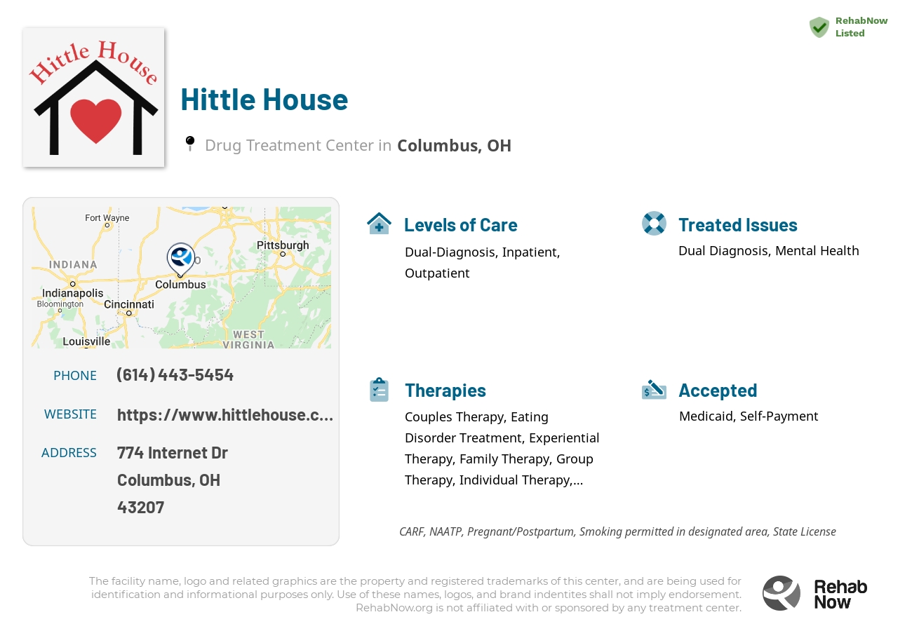 Helpful reference information for Hittle House, a drug treatment center in Ohio located at: 774 Internet Dr, Columbus, OH 43207, including phone numbers, official website, and more. Listed briefly is an overview of Levels of Care, Therapies Offered, Issues Treated, and accepted forms of Payment Methods.